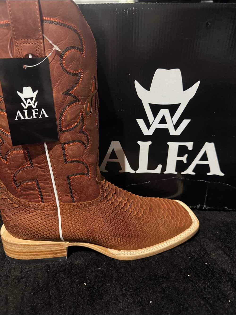 Western Alfa Men’s Matte Cognac Python – Square Toe Cowboy Boots